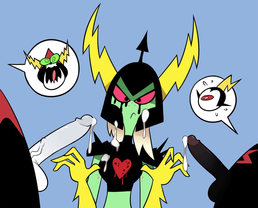 1girls 2019 2boys alien angry black_skin commander_peepers cum cum_on_breasts cum_on_face disney female green_eyes green_skin helmet lord_dominator lord_hater miscon no_humans penis red_eyes simple_background skull tagme tongue wander_over_yonder white_hair white_skin