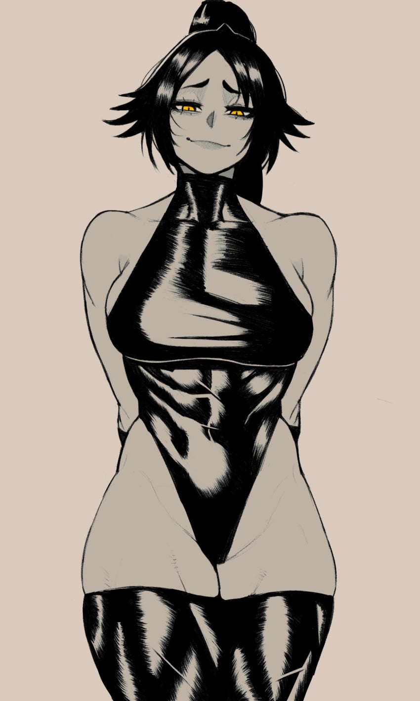1girls abs arm_strap armwear athletic athletic_female big_breasts black_leotard black_thighhighs bleach breasts cullieon dark-skinned_female dark_skin female female_focus female_only hands_behind_back legwear leotard looking_at_viewer ponytail shihouin_yoruichi shounen_jump thick_thighs thighhighs thighs yellow_eyes