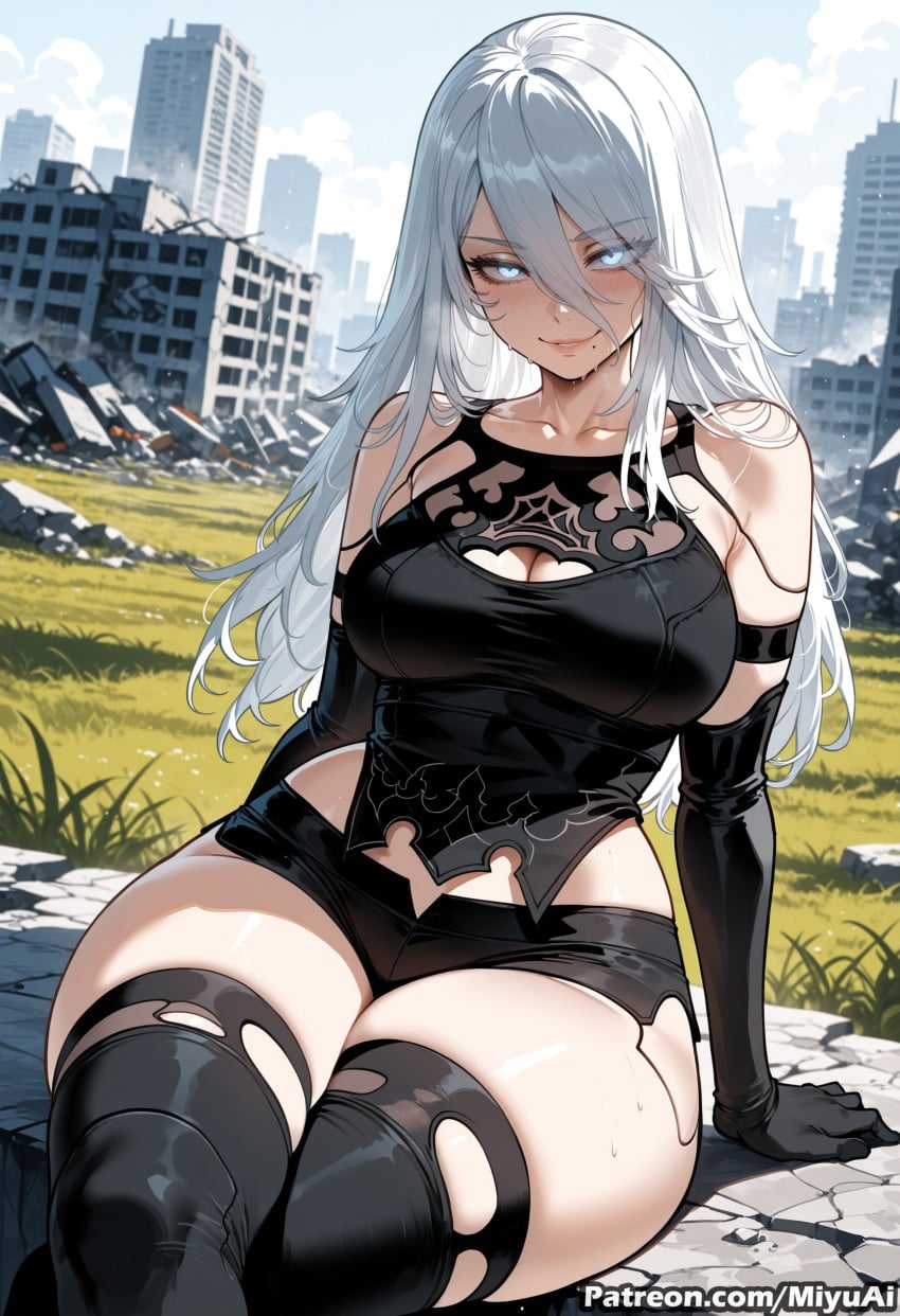 1girl ai_assisted ai_generated alternate_breast_size android armlet bare_shoulders black_gloves black_legwear black_shorts blue_eyes blush breasts building cleavage closed_mouth collarbone curvaceous curvy curvy_female curvy_figure elbow_gloves eyebrows_visible_through_hair female gloves hair_between_eyes joints large_breasts long_hair looking_at_viewer miyuai mole mole_under_mouth nier nier:_automata pink_lips puffy_sleeves robot_joints ruins short_shorts shorts silver_hair sitting smile solo sword tank_top thick thick_ass thick_butt thick_hips thick_legs thick_thighs thighhighs thighs torn_clothes torn_legwear voluptuous voluptuous_female wide_hips wide_thighs yorha_a2
