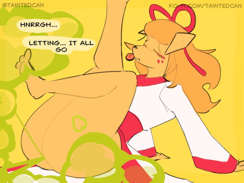 2026 absurd_res accessory anthro arm_support artist_name asian_clothing barefoot bent_leg big_butt butt canid canine ceroba_ketsukane clothed clothed_anthro clothed_female clothing digital_drawing_(artwork) digital_media_(artwork) east_asian_clothing ellipsis eyes_closed fart fart_cloud fart_fetish feet female fox fur hair_accessory hair_ribbon hi_res japanese_clothing kimono mammal raised_leg reclining red_clothing ribbons simple_background sitting solo speech_bubble taintedcan text toes tongue tongue_out undertale_(series) undertale_yellow url white_clothing yellow_background yellow_body yellow_fur