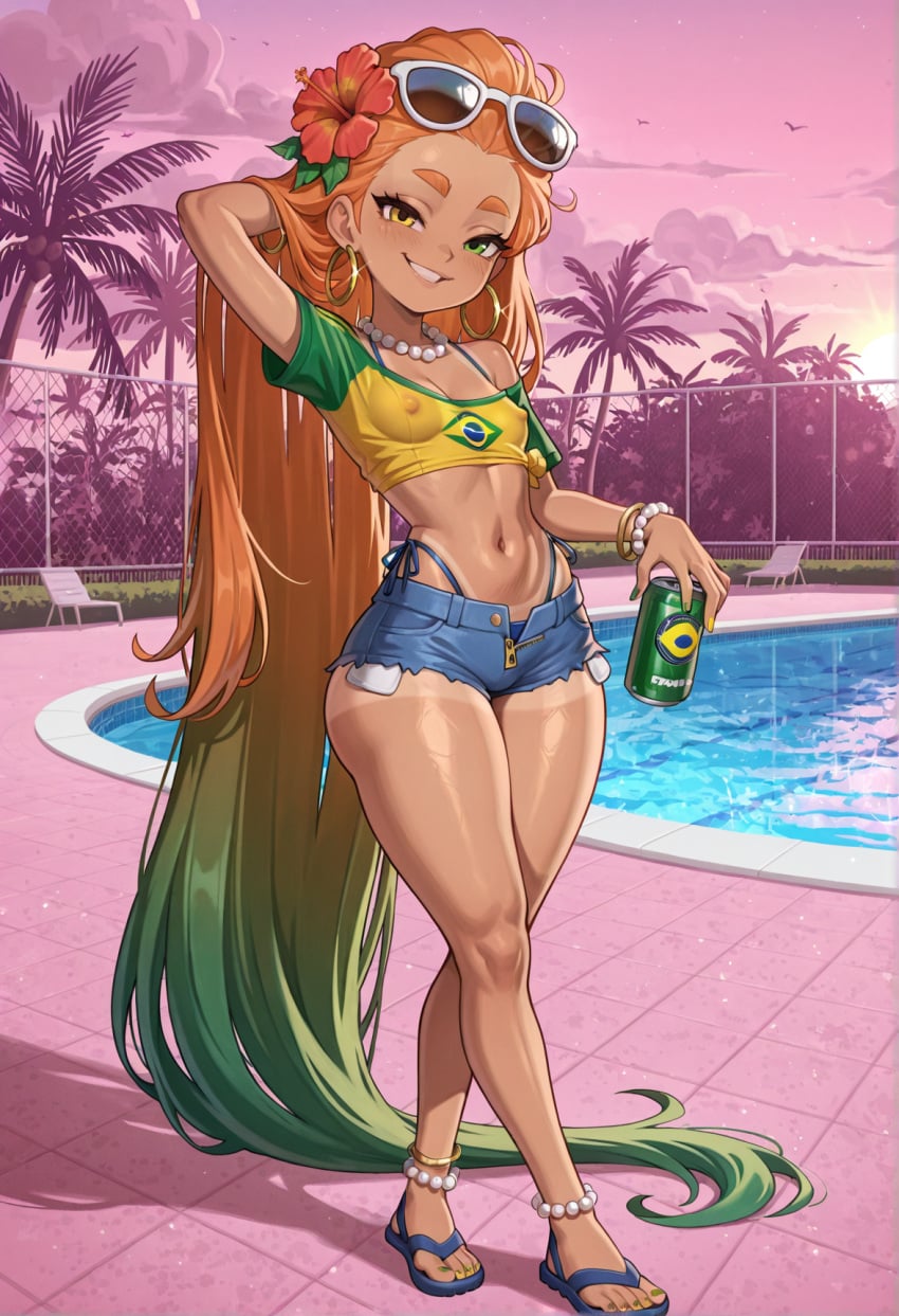 1girl absurdly_long_hair adjusting_eyewear ai_generated alternate_eye_color alternate_hair_color alternative_costume anklet arm_behind_head arm_up armlet big_ass bikini_tan bikini_tanlines blue_sandals bracelets brazil brazilian brazilian_female brazilian_flag brazilian_flag_print brazilian_miku_(cosplay) cleavage covered_nipples cropped_shirt crossed_legs cute_girl denim_shorts detailed_eyes detailed_skin earrings eyewear_on_head female_focus flip-flops flower forehead full_body gold_earrings gradient_hair grand_theft_auto_vi green_eyes green_hair green_nails green_sleeves gta_vi_cover_girl hair_flower hair_ornament hand_in_own_hair heterochromia hibiscus highleg highres holding holding_can holding_cup hoop_earrings league_of_legends long_hair looking_at_viewer meme microbikini microskirt midriff multicolored_hair nail_polish navel necklace nipples orange_hair outdoors palm_tree parted_lips pearl_anklet pearl_belt pearl_bracelet pearl_necklace petite petite_female pink_theme pool red_flower riot_games road sandals seductive_smile self_upload sexy short_eyebrows short_shorts short_sleeves small_breasts smile solo standing straight_hair sunglasses sunset swimsuit swimsuit_under_clothes tan-skinned_female tan_body tan_skin tanline tanlines tanned_skin thick_eyebrows thick_thighs thighs thong_straps tree very_long_hair yellow_eyes yellow_nails yellow_shirt zipper_down zipper_shorts zoe_(league_of_legends)