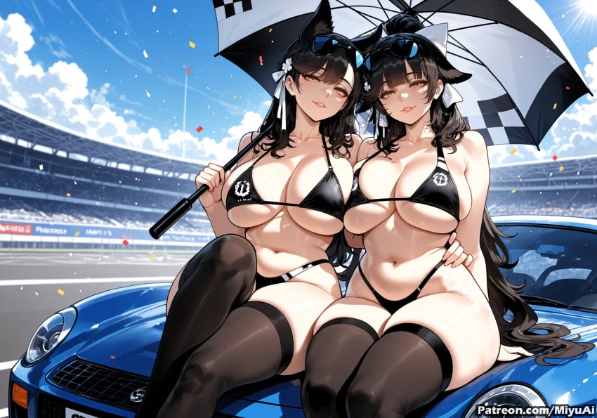 2girls ai_assisted ai_generated animal_ears atago_(azur_lane) azur_lane bangs bikini black_bikini black_hair black_legwear blue_sky blush bow breasts brown_eyes car cleavage closed_mouth cloud company_name curvaceous curvy curvy_female curvy_figure day extra_ears eyebrows_visible_through_hair female gloves ground_vehicle hair_bow hair_ornament hair_ribbon highleg_bikini holding_umbrella large_breasts logo long_hair looking_at_viewer miyuai mole mole_under_eye motor_vehicle multiple_girls navel outdoors ponytail race_queen ribbon sitting skindentation sky smile swept_bangs swimsuit takao_(azur_lane) thick thick_ass thick_butt thick_hips thick_legs thick_thighs thighhighs thighs umbrella very_long_hair voluptuous voluptuous_female white_bow white_ribbon wide_hips wide_thighs