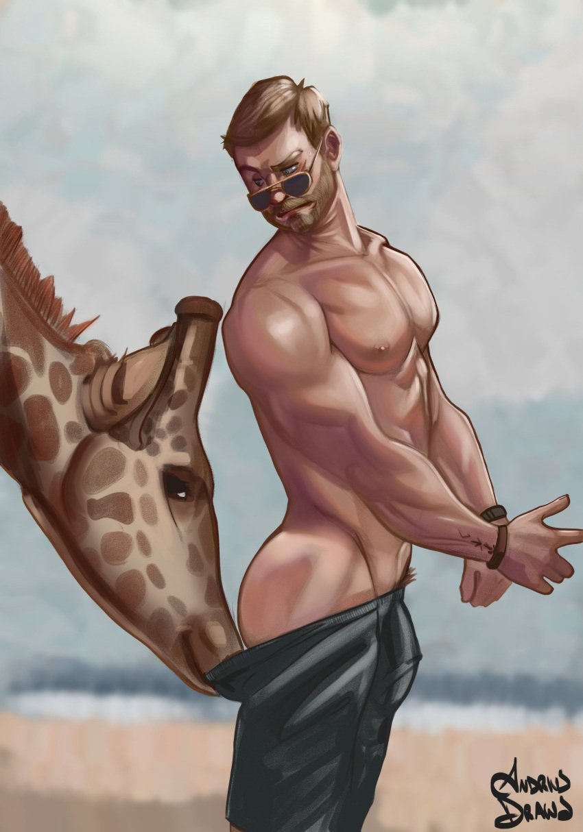 1boy actor andriusdraws ass beard bulge celebrity chris_hemsworth embarrassed giraffe male male_focus male_only muscles muscular muscular_male outdoors outside public pulling_down_pants real_person sunglasses tanlines