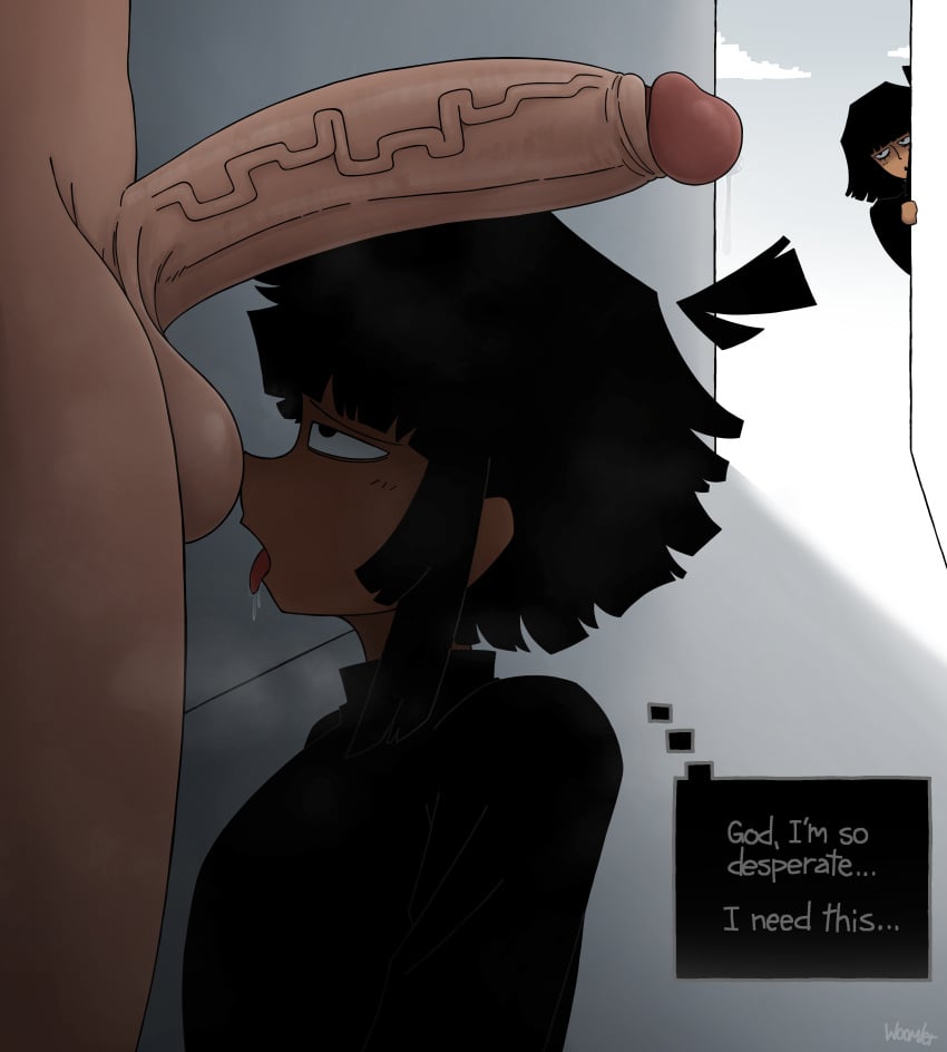 1girls 2boys artist_name black_hair blush dark-skinned_female dark-skinned_femboy dark-skinned_male english_text fem_woomler femboy femboy_woomler large_penis light-skinned_male light_skin penis penis_awe penis_on_head short_hair text tongue woomler
