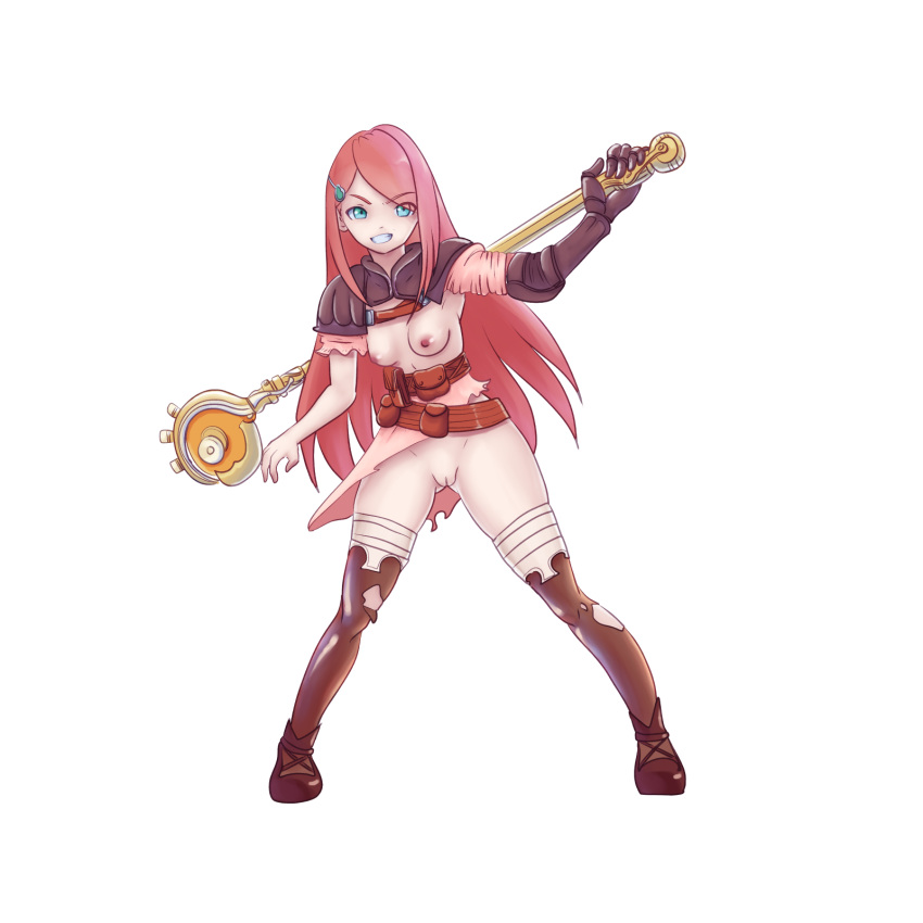 1girls blue_eyes exposed exposed_breasts exposed_pussy eyebrows_visible_through_hair eyes_visible_through_hair female final_fantasy final_fantasy_tactics_advance kneehighs red_eyebrows red_hair req ritz_malheur ryona small_breasts weapon white_background