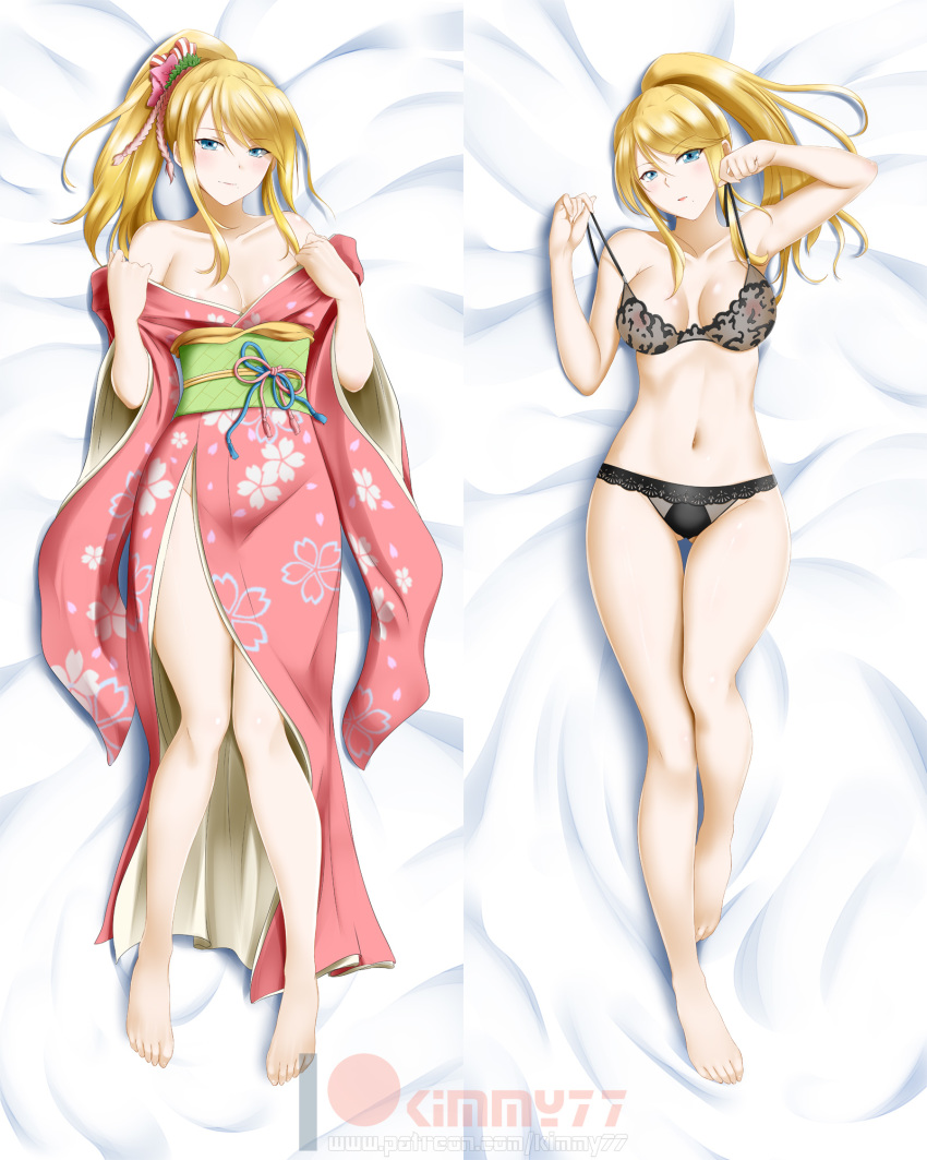 :d areola_slip areolae arm_up artist_name bare_arms bare_legs bare_shoulders barefoot bed black_bra black_lingerie black_panties blonde_hair blue_eyes blush bra breasts cleavage closed_mouth collarbone dakimakura dual_persona eyebrows_visible_through_hair feet female female_only floral_print full_body gluteal_fold groin hand_up hands_up highres japanese_clothes kimmy77 kimono lace lace-trimmed_bra lace-trimmed_panties large_breasts legs lingerie lying lying_on_back medium_breasts metroid midriff multiple_views navel neck nintendo obi off_shoulder on_back on_bed open_mouth panties pink_kimono ponytail pulling samus_aran sash see-through side_slit sidelocks smile strap_pull thigh_gap thighs underwear underwear_only watermark web_address wide_sleeves yukata