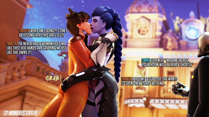 2girls 3d ass ass_grab big_ass blizzard_entertainment dialogue dinoboy555 duo_focus female_focus kissing lesbian overwatch text tracer widowmaker