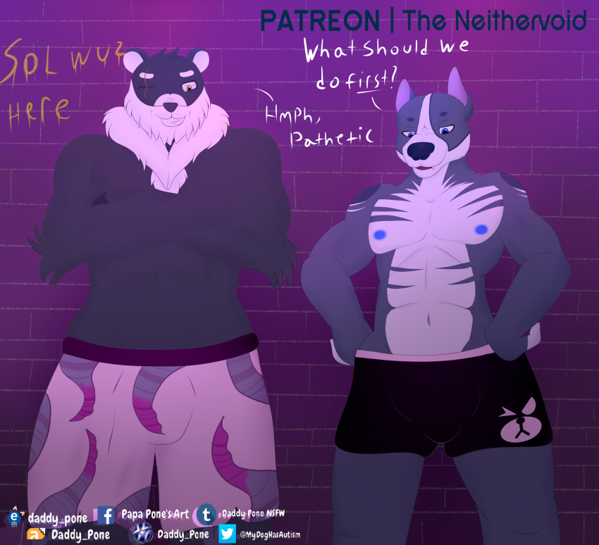 absurd_res anthro baereyan beard canid canine canis clothed clothing collaboration daddy_pone domestic_dog duo facial_hair fluffy furry hairy hi_res male mammal muscular nipples partially_clothed penis_outline scar size_difference smile smirk tattoo the_neithervoid ursid ursion yaoi