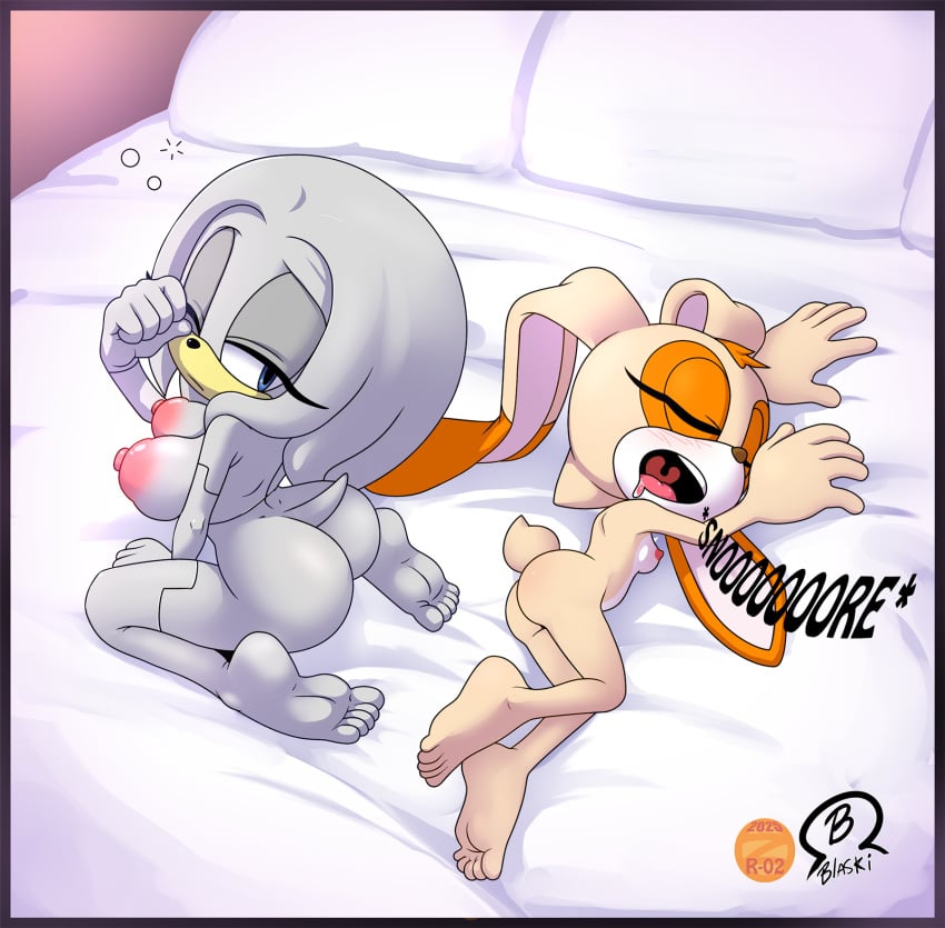 2girls age_difference anthro ass barefoot bed blaski blush breasts closed_eyes cream_the_rabbit cub echidna feet female female_only lagomorph mobian_(species) nipples nude one_eye_closed open_mouth pillow rabbit sega size_difference sleeping sonic_(series) sonic_the_hedgehog_(series) teeth tongue young zeta_r-02 zeta_the_echidna