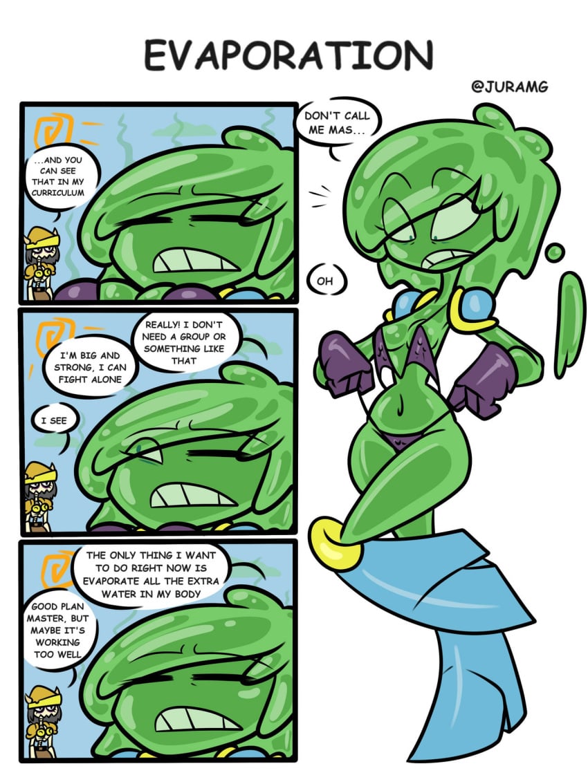 bikini bikini_armor bikini_top breast_shrinking female green_body jellytina juramg shrinking_breasts skelly skimpy skimpy_armor skimpy_clothes skimpy_outfit slime slime_girl slime_monster thigh thighs