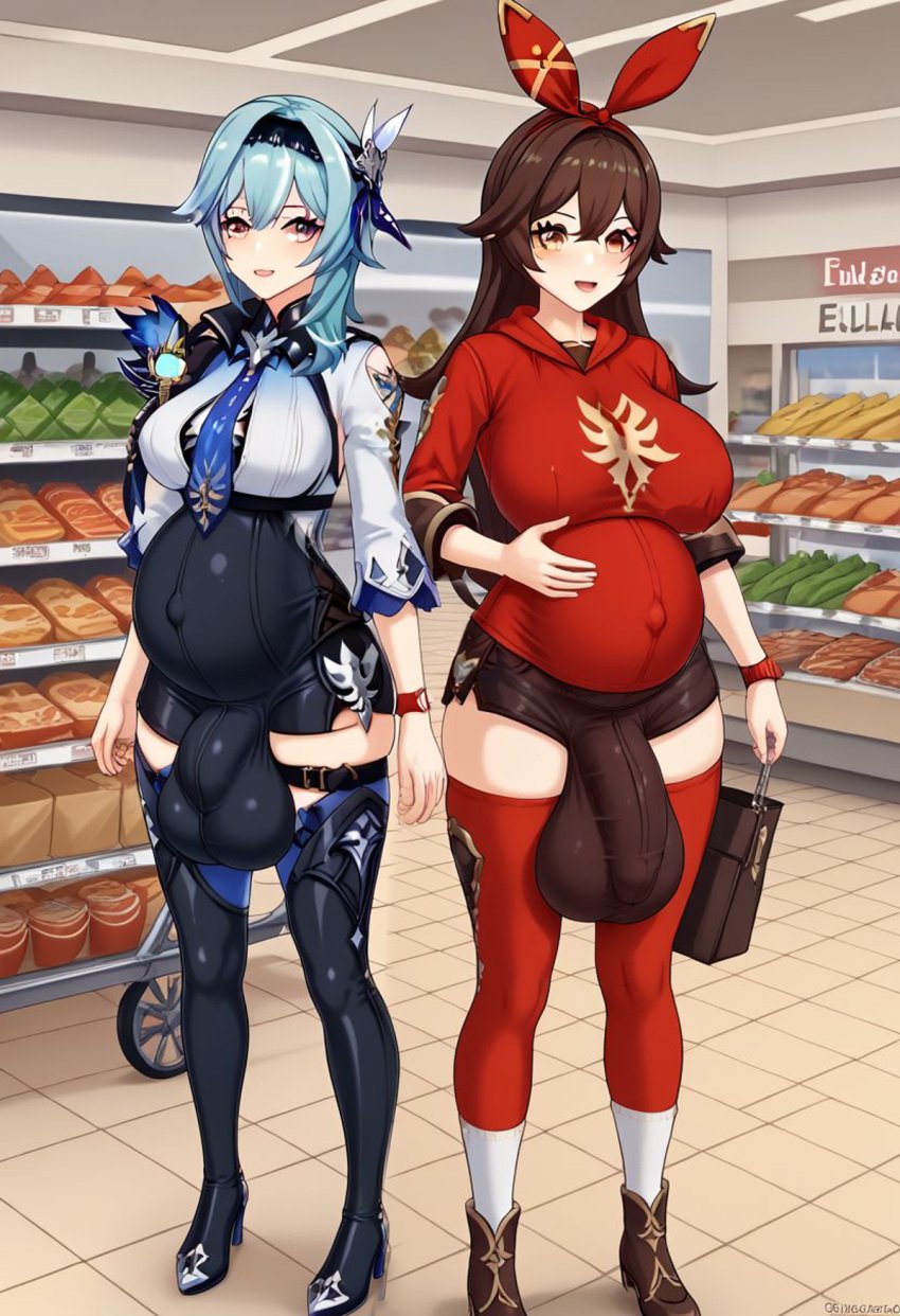 2futa 2futas ai_generated amber_(genshin_impact) balls_bigger_than_penis balls_under_clothes big_balls big_belly big_breasts big_penis big_testicles black_hairband blue_hair blush boots bread brown_hair bulge civitai clothed convenience_store covered_navel eula_(genshin_impact) flaccid flaccid_penis food full-package_futanari full_body fully_clothed futa_only futa_with_futa futanari genshin_impact hair_between_eyes hairband hand_on_own_stomach high_heel_boots high_heels huge_balls huge_breasts huge_bulge huge_testicles indoors leotard long_hair long_sleeves looking_at_another market medium_hair mizuiro01 necktie nipples open_mouth penis_under_clothes plump pregnant pregnant_futa red_ribbon ribbon shirt short_shorts standing supermarket testicles thigh_boots thigh_strap things uncensored wife_and_wife women