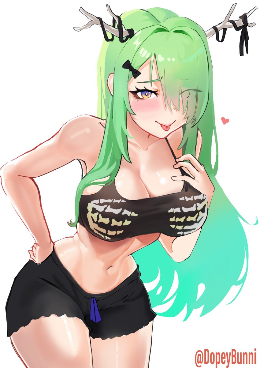 1girls 2d artist_name big_breasts black_pajamas black_shorts blue_eyes blush breasts ceres_fauna dopeybunni eyebrows_visible_through_hair eyes_visible_through_hair female green_hair hair_ornament heart hololive hololive_english hololive_english_-council- hololive_english_-promise- horns large_breasts long_hair mole mole_under_eye multicolored_eyes navel pajamas ribbon shorts simple_background standing thighs tongue tongue_out virtual_youtuber vtuber yellow_eyes