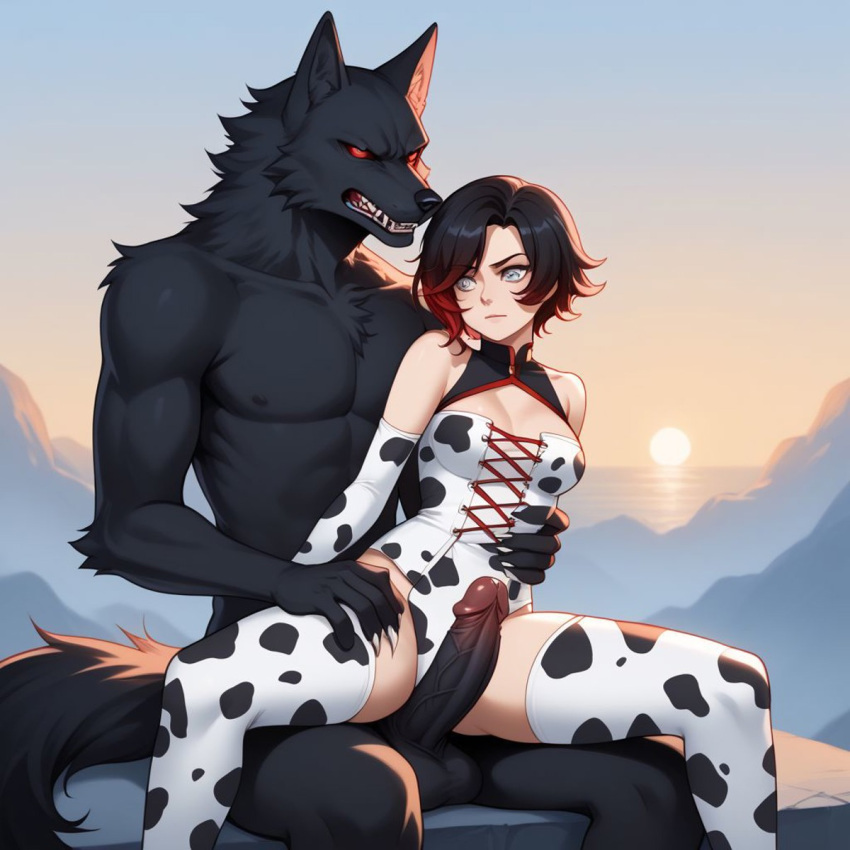 1boy 1girls ai_generated anthro beowolf_(rwby) big_penis female female_protagonist grimm_(rwby) human kastakanin male mommy monster penis ruby_rose rwby