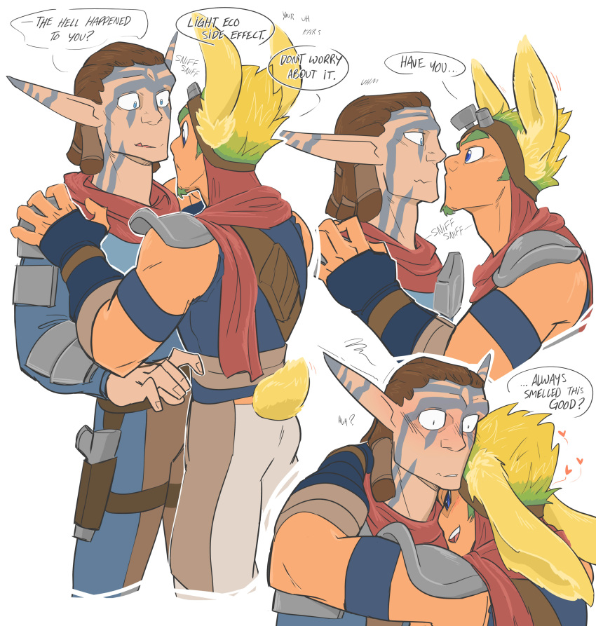 animal_ears animal_tail blush clothing facial_hair fully_clothed gay hydraulicacid jak jak_and_daxter male male_only pointy_ears sniffing speech_bubble tail torn_(j&d)