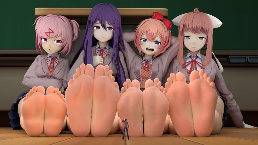 3d 4girls big_feet brown_hair doki_doki_literature_club embarrassed feet femdom foot_fetish foot_focus footdom giantess jinouga97 malesub mc_(doki_doki_literature_club!) monika_(doki_doki_literature_club) natsuki_(doki_doki_literature_club) pink_hair purple_hair red_hair sayori_(doki_doki_literature_club) shy smug soles take_your_pick yuri_(doki_doki_literature_club)