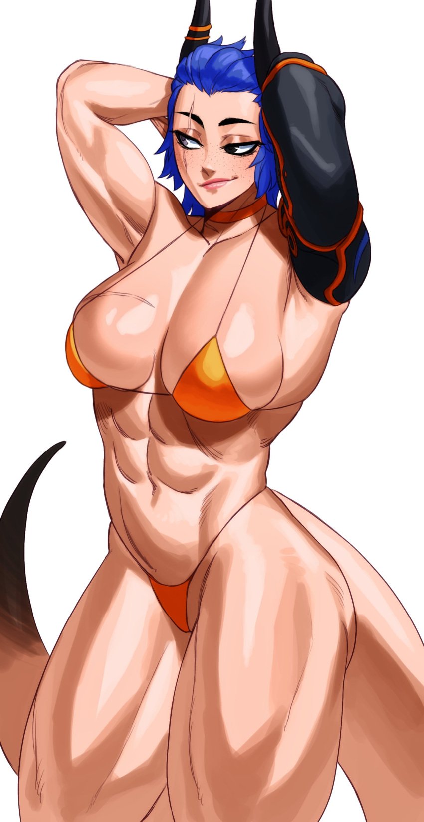 1girls abs arms_behind_head bikini black_eyes blue_hair choker commission female female_only freckles horns light-skinned_female light_skin looking_away muscular muscular_female muscular_thighs orange_bikini robotic_arm scar scar_across_eye scar_on_breast smiling solo sotcho tail very_high_resolution white_background