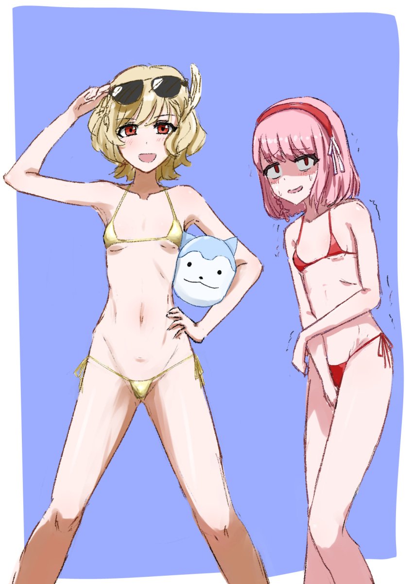 2girls alternate_costume ball beachball bikini black-tinted_eyewear blonde_hair breasts citrinne_(fire_emblem) covering_privates embarrassed eyewear_on_head female female_only fire_emblem fire_emblem_engage gold_bikini gold_swimsuit hairband hand_on_own_hip highres lapis_(fire_emblem) medium_hair micro_bikini multiple_girls nintendo pink_hair red_bikini red_eyes red_hairband red_swimsuit royalty shy side-tie_bikini_bottom small_breasts sommie_(fire_emblem) suika_(szgj7282) sunglasses swimsuit teenage_girl teenager yellow_bikini yellow_swimsuit