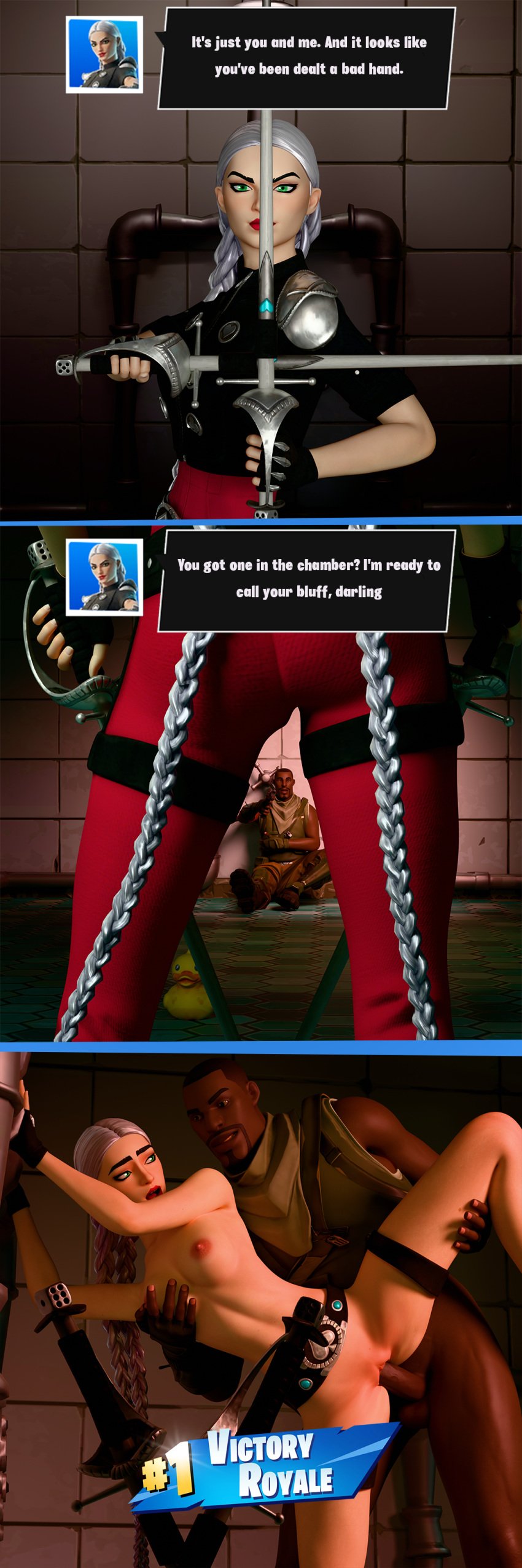 1female 3d cassidy_quinn_(fortnite) comic comic_panel dark-skinned_male fortnite greenmindedindividual interracial male penis penis_in_pussy ponytail redeyes showers smirk standing_sex swords white_hair