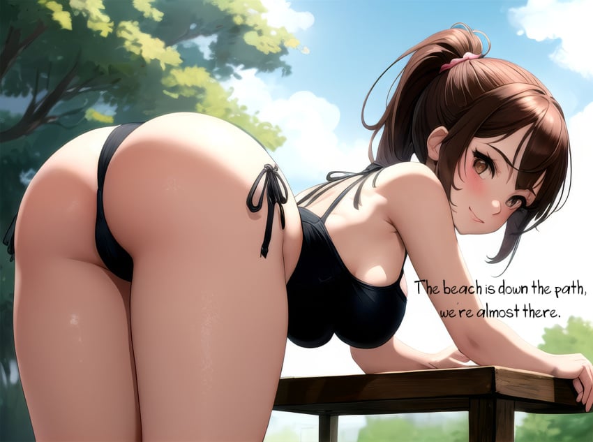 1boy 1boy1girl 1girls ai_assisted ai_generated anime_nose ass beach bench bikini bikini_bottom bikini_top black_bikini blush breasts breasts_together brown_eyes brown_hair busty caption clouds curious day daytime english english_text female_focus hazel_eyes huge_breasts huge_tits_teen large_breasts long_breasts male_pov nature nice_ass original original_character outdoors outside panties pendulous_breasts rear_view sagging_breasts sexy_pose sky small_but_busty smile soft_breasts solo_focus speech sunlight teen teenage_girl teenager text trees water wood young