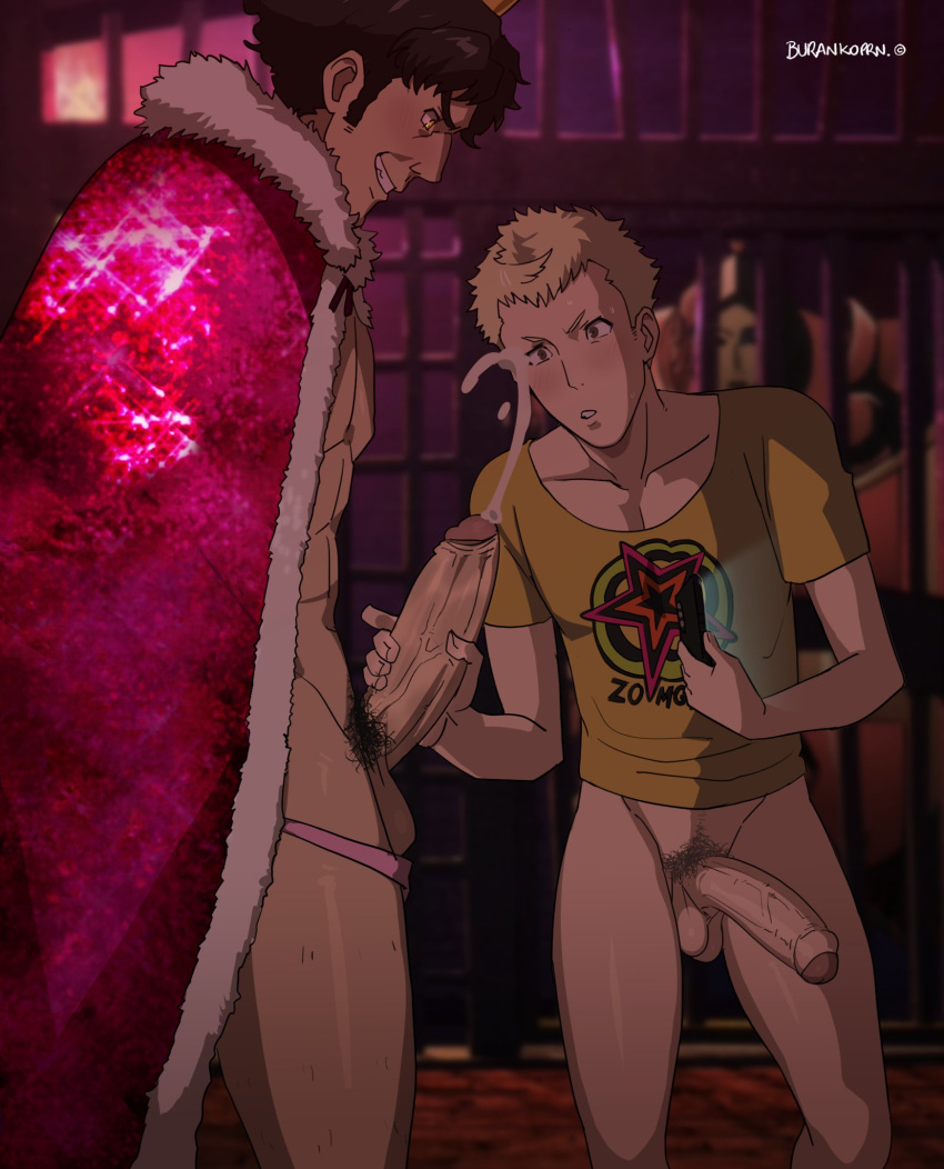 2boys 2d 2d_(artwork) balls bara big_penis black_hair blonde_hair burankoprn cum dungeon gay handjob male male/male male_only muscular_male penis persona persona_5 phone pubic_hair recording_on_phone ryuji_sakamoto suguru_kamoshida wide_eyed yaoi