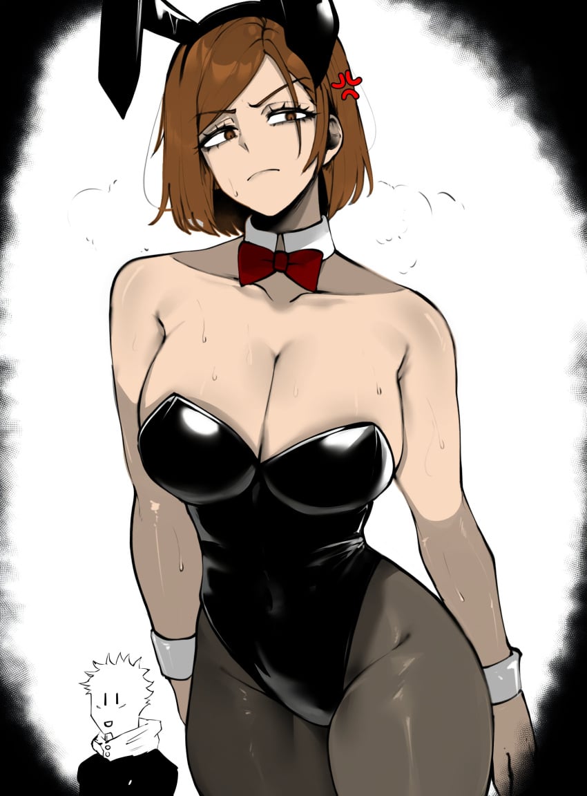 1boy 1girls absurdres ajaycolor anger_vein angry angry_expression animal_ears big_breasts black_bow black_bowtie black_leotard black_pantyhose bow bowtie breasts brown_eyes brown_hair bunny_ears bunny_girl bunnysuit cleavage color color_edit colored colored_hair colored_inner_hair colored_sketch colored_skin covered_navel detached_collar edit fake_animal_ears female_focus grin heart_maebari highleg highleg_leotard highres itadori_yuuji jujutsu_kaisen kugisaki_nobara large_breasts leotard looking_at_viewer maebari masoq095 matching_hair/eyes medium_hair meme_attire navel open_mouth pantyhose playboy_bunny ponytail rabbit_ears rabbit_pose smile stomach strapless strapless_leotard sweat wrist_cuffs year_of_the_rabbit