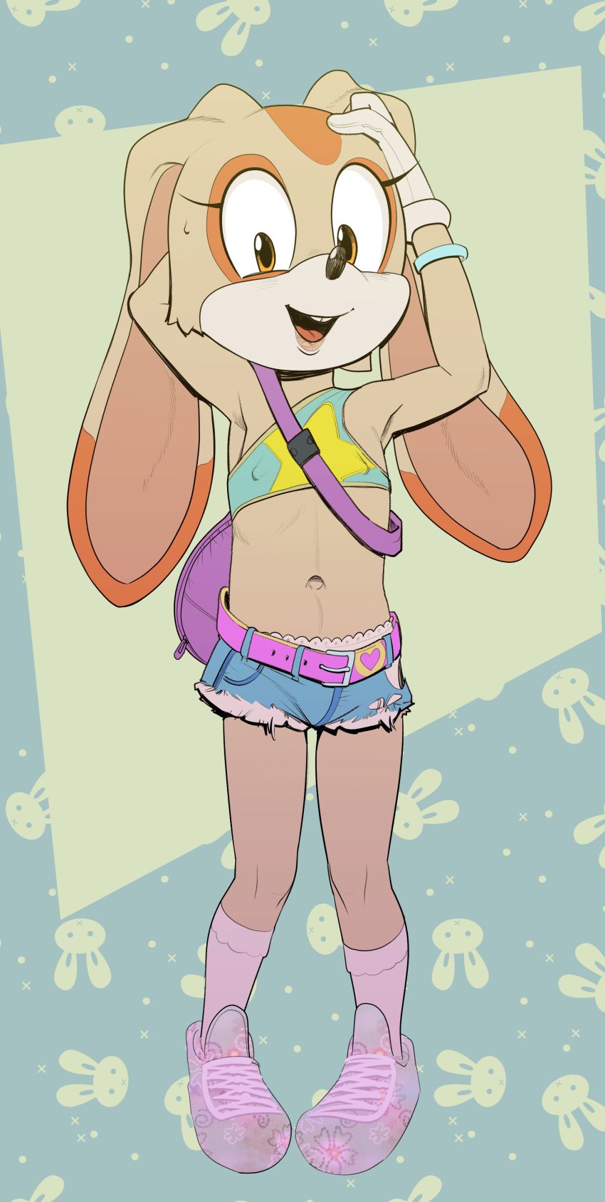 1girls 90s_clothing anthro anthro_female anthro_focus anthro_only apis armpits bare_midriff belly_button blue_background blue_shorts brown_eyes bunny bunny_ears bunny_girl bunny_print calf_socks cream_the_rabbit cub cut-off_shorts denim_shorts female female female_focus female_only floral_print full_body fur furry furry_female green_background hand_behind_head hand_on_head heart_print heart_symbol lagomorph lagomorph_humanoid long_ears multicolored_background navel nipples_visible_through_clothing open_mouth pink_belt pink_footwear rabbit rabbit_ears rabbit_girl rabbit_humanoid rabbit_print sega simple_background solo solo_anthro solo_female solo_focus sonic_(series) sonic_the_hedgehog_(series) standing tongue upper_teeth_only young young_female