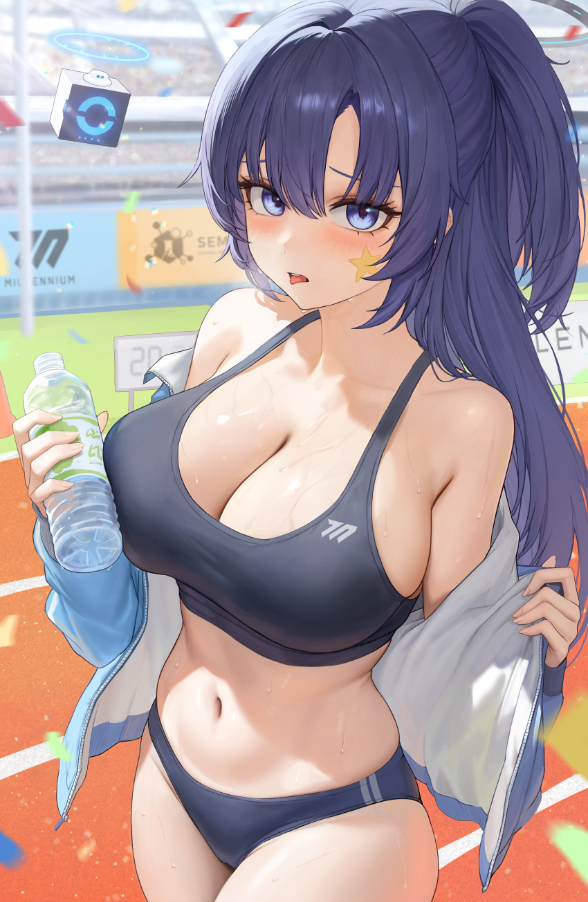 1girls artist_request bare_shoulders black_buruma black_sports_bra blue_archive blue_eyes blue_hair blush bottle breasts cleavage heine_(haloo1101) holding_bottle large_breasts long_hair navel off_shoulder open_mouth outdoors solo sweat thighs tongue yuuka_(blue_archive)