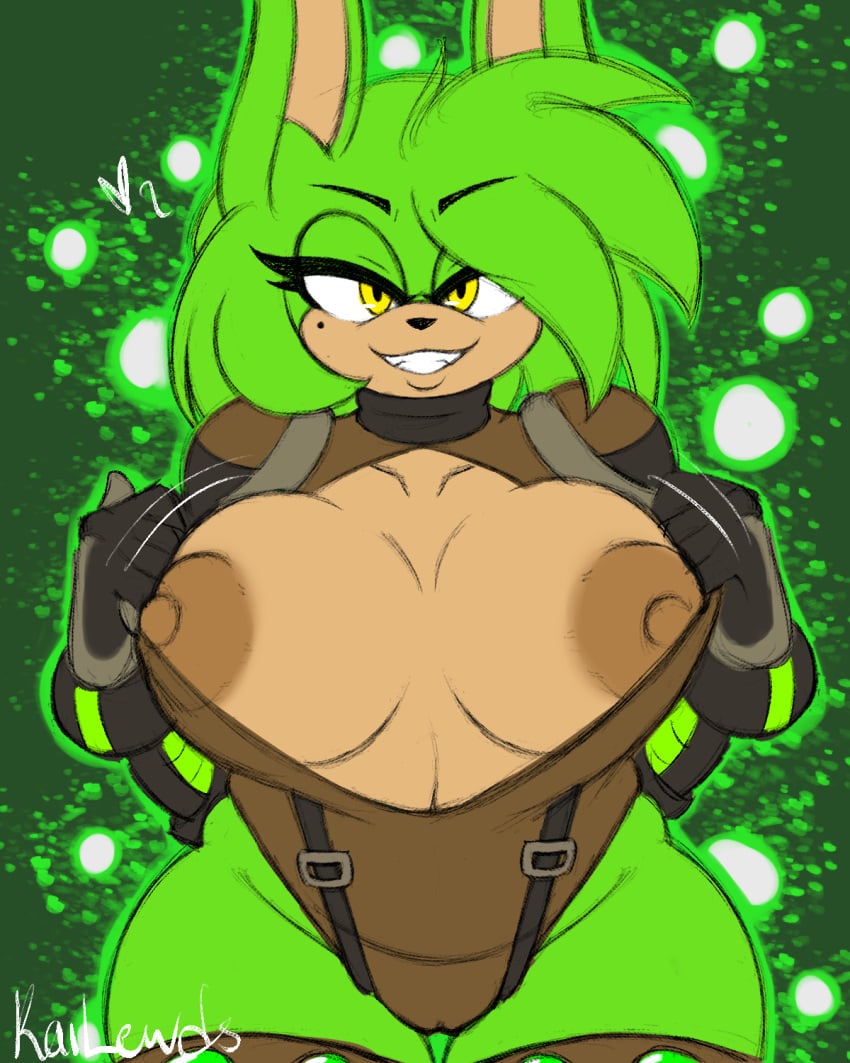 4:5 anthro areola big_breasts breasts clothed clothing digital_media_(artwork) fan_character female flashing flashing_breasts fur gloves green_body green_fur green_hair hair handwear heart_symbol hi_res huge_breasts kailewds lagomorph legwear leotard long_ears looking_at_viewer mammal markings mole_(marking) nipples radiation sega simple_background smile solo sonic_(series) sonic_the_hedgehog_(series) thick_thighs thigh_highs topwear yellow_eyes