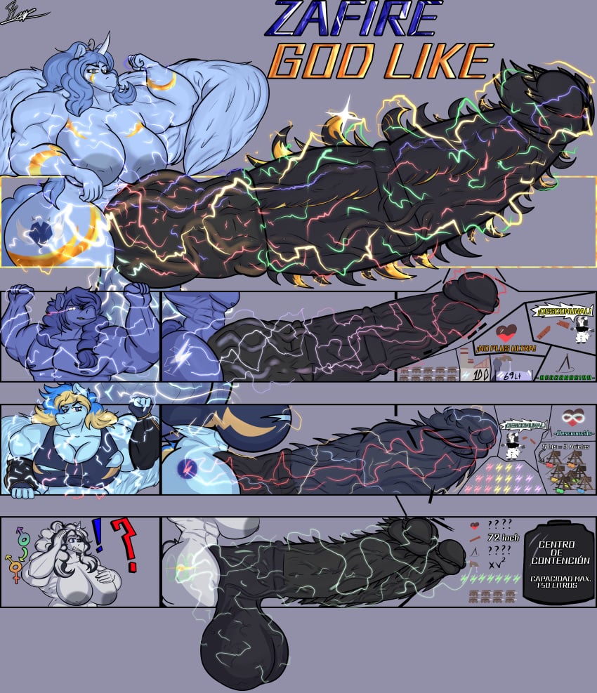 anthro big_breasts blue_body blue_eyes comparing comparing_penis flexing futanari gynomorph horse horsecock hyper hyper_genitalia hyper_penis muscular muscular_anthro muscular_female muscular_male my_little_pony penis_size_chart penis_size_difference rami35x spanish_text