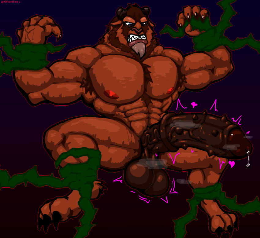 abs absurd_res animal_genitalia anthro armpit_hair balls beast_(disney) beauty_and_the_beast big_balls big_pecs big_penis body_hair chest_tuft disney equine_genitalia genitals hi_res hybrid male male_only muscular pecs penis solo spiked_penis spikes spikes_(anatomy) tentacle trapped tuft vein veiny_muscles veiny_penis velvetdraw