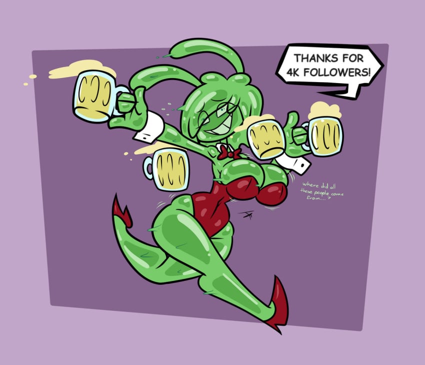 alcohol alcoholic_drink beer big_breasts boobs breasts bunny_girl female green_body jellytina juramg large_breasts leotard mug mugs slime slime_girl slime_monster thighs tits