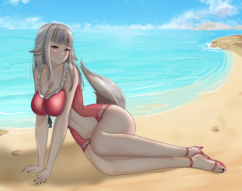 1girls alternate_costume beach cleavage fire_emblem fire_emblem_fates grey_hair large_breasts lying nintendo on_side one-piece_swimsuit outdoors red_eyes red_one-piece_swimsuit red_swimsuit succducc888 swimsuit tail velouria_(fire_emblem) wolf_ears wolf_girl