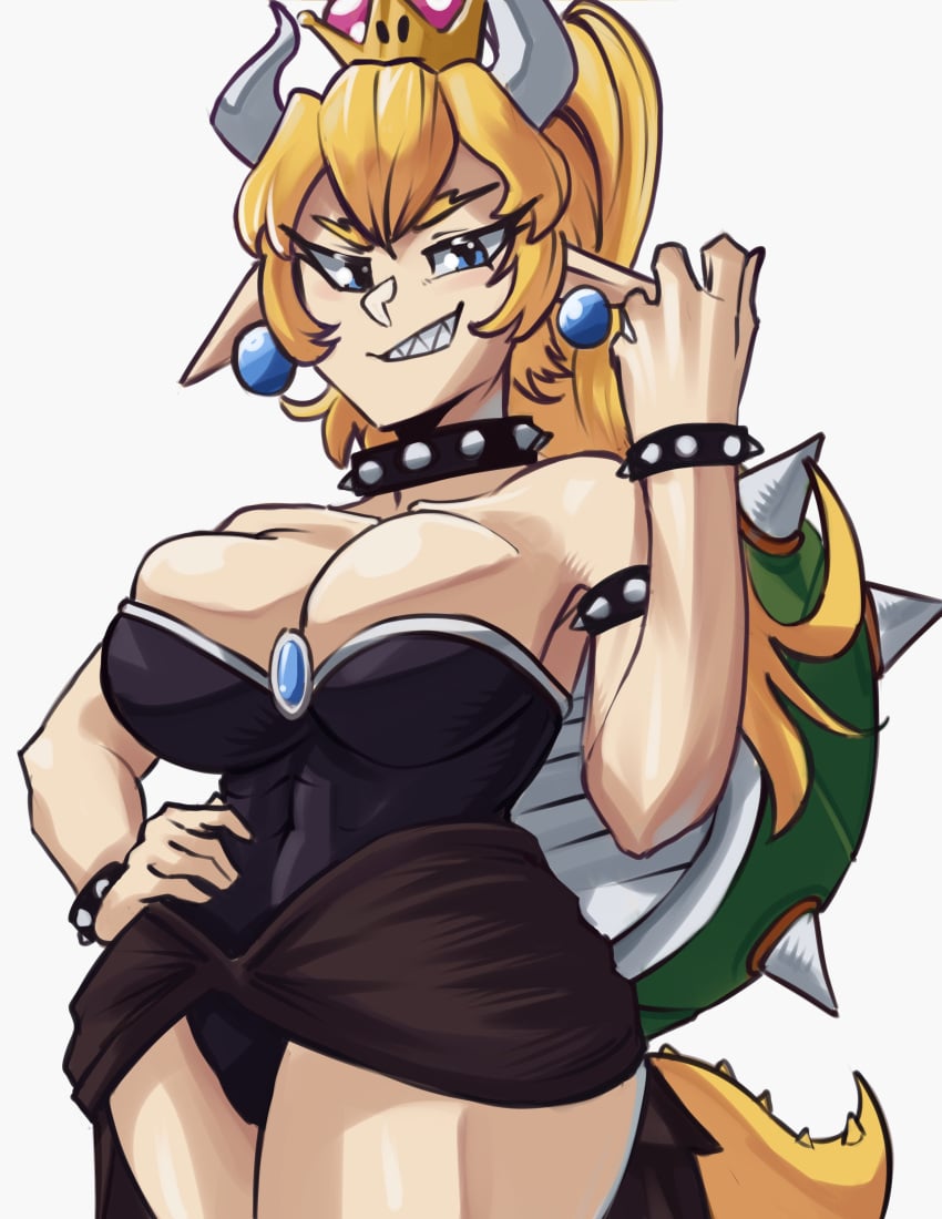 1girls bare_shoulders big_breasts black_dress blonde_hair blue_eyes bowsette busty crown earrings horns light-skinned_female light_skin mario_(series) moxydrawsmore new_super_mario_bros._u_deluxe nintendo pointy_ears short_dress spiked_bracelet spiked_collar spikes thighs turtle_shell