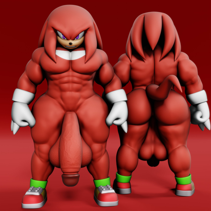 1:1 3d anthro ass balls big_balls big_penis casual clothing digital_media echidna exposed_torso footwear genitals gloves handwear hi_res knuckles_the_echidna looking_at_viewer male male_only mammal monotreme muscular muscular_anthro muscular_male nude pecs penile penis purple_eyes red_background red_body sega shoes simple_background solo sonic_(series) sonic_the_hedgehog_(series) spiked_gloves spikes standing vulkyasha