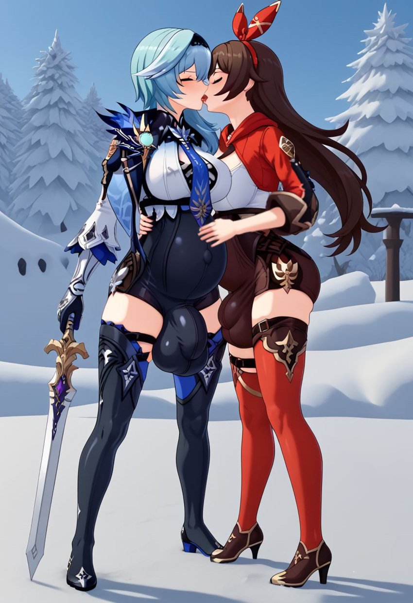 2futa 2futas ai_generated amber_(genshin_impact) arm_around_waist balls_bigger_than_penis balls_under_clothes big_balls big_belly big_breasts big_penis big_testicles black_footwear black_hairband blue_hair blue_shorts blue_sky blush bodystocking boots brown_hair brown_shorts bulge cape civitai cleavage clothed clothing_cutout covered_navel day eula_(genshin_impact) flaccid flaccid_penis french_kiss french_kissing full-package_futanari full_body fully_clothed futa_only futa_with_futa futanari genshin_impact gloves hair_between_eyes hairband hand_on_another's_waist high_heel_boots high_heels holding holding_sword holding_weapon huge_balls huge_breasts huge_bulge huge_testicles kissing leotard long_hair long_sleeves medium_hair mizuiro01 necktie nipples outdoors penis_under_clothes pregnant pregnant_futa red_ribbon ribbon short_shorts shorts shrug_(clothing) sky snow standing sword testicles thick_things thigh_boots thigh_strap tongue_out tree uncensored vision_(genshin_impact) weapon wife_and_wife women