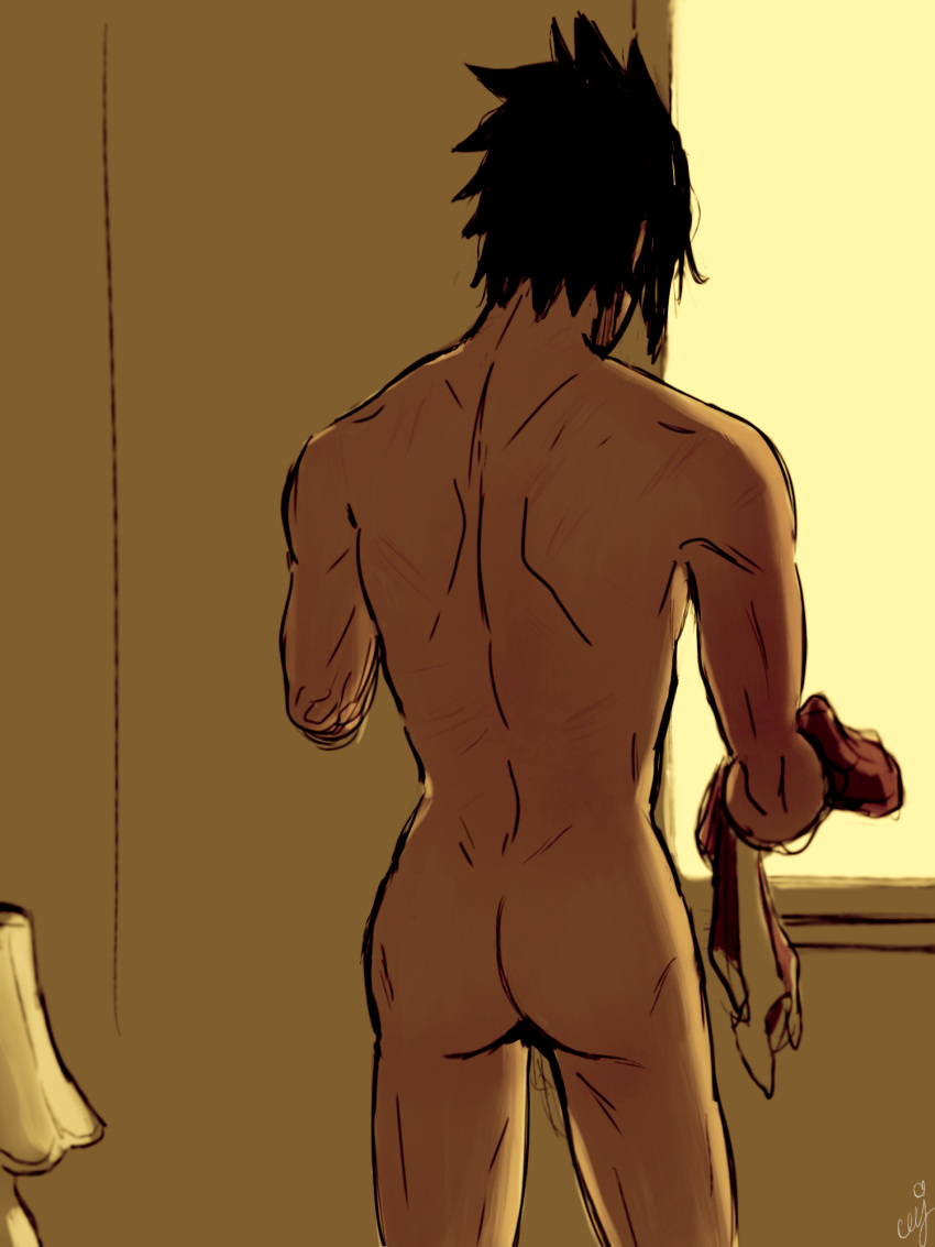 1boy ass ass ass_focus black_hair blush butt_focus ceejss holding_clothes male male_focus male_only naked naruto naruto:_the_last naruto_shippuden sasuke_uchiha scratch_marks woken_up