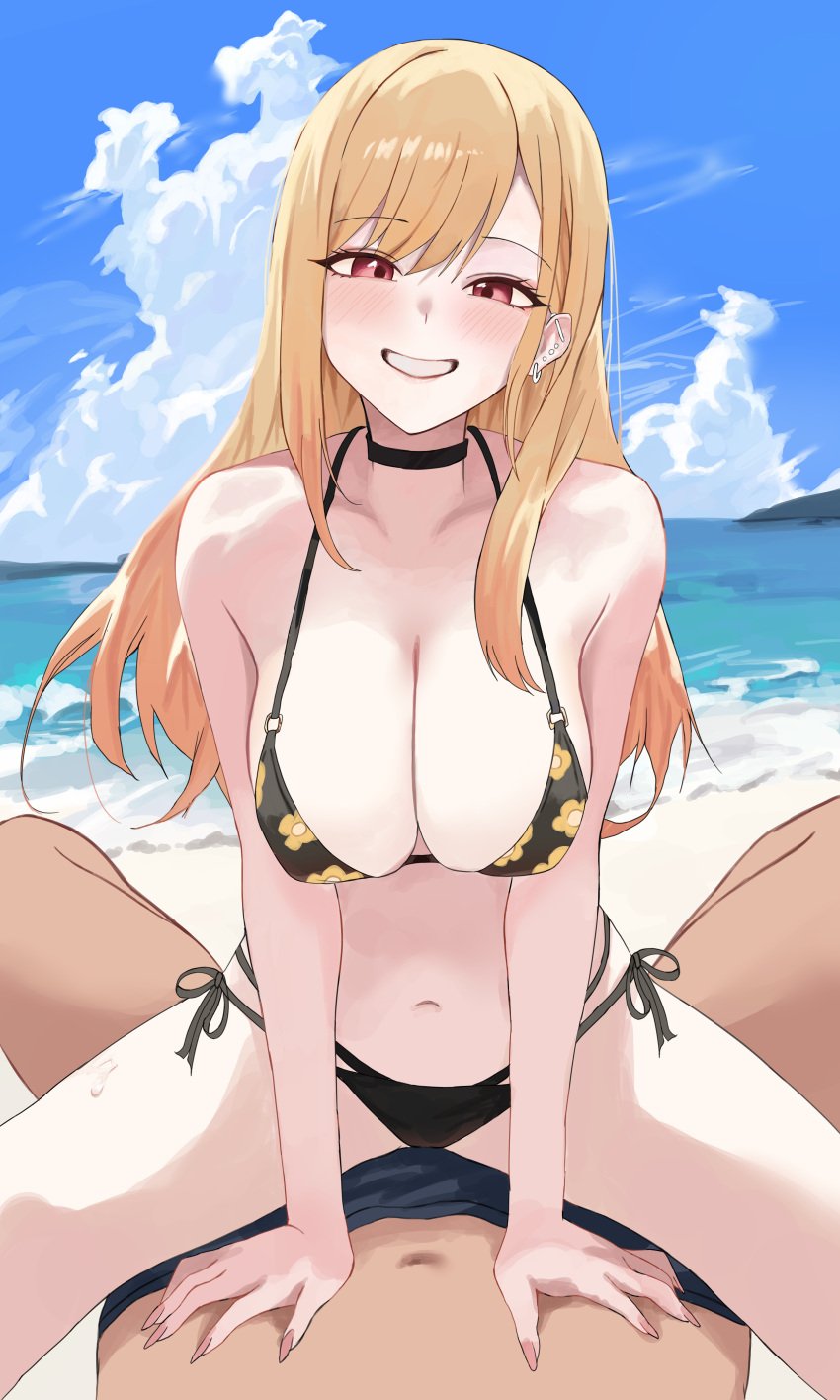 1boy 1girls anon beach belly belly_button bigger_male bikini_bottom bikini_top blonde_hair blush choker cleavage cloud ear_piercing earrings female_focus gyaru hand_on_belly highres kitagawa_marin long_fingernails long_hair looking_at_viewer pov seaside side-tie_bikini sitting_on_lap sky smiling sono_bisque_doll_wa_koi_wo_suru sweat swimming_trunks swimsuit tagme_(artist) teeth_showing thighs unknown_artist unseen_male_face water