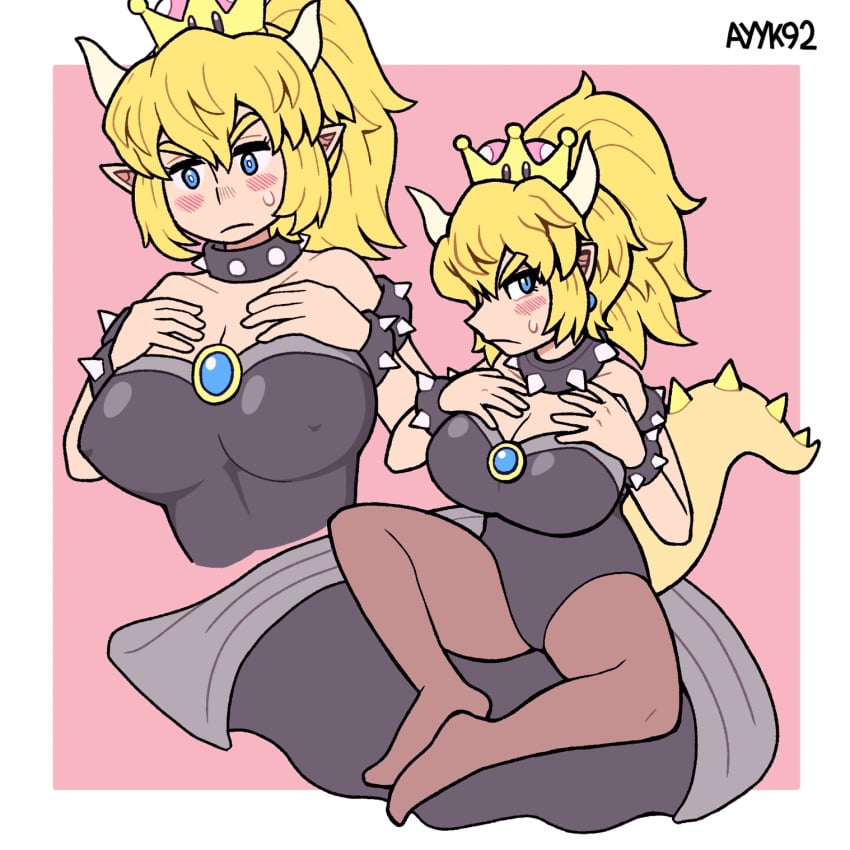 2024 ayyk92 big_breasts blonde_hair blue_eyes blush bowsette cleavage mario_(series) nintendo nipple_bulge pantyhose rule_63 super_crown tagme