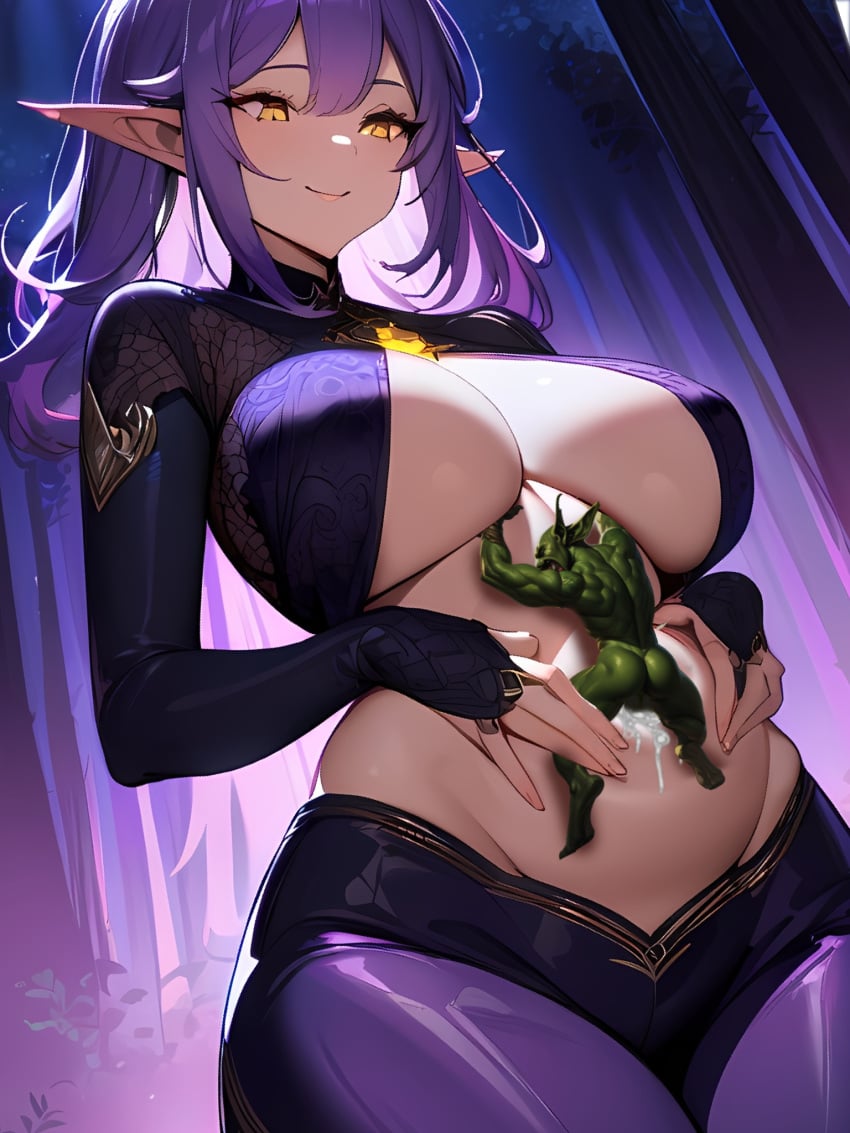 ai_generated cum_in_belly_button elf elf_female fantasy forest goblin goblin_male hips navel_fetish navel_penetration purple_hair smiling wholesome yellow_eyes