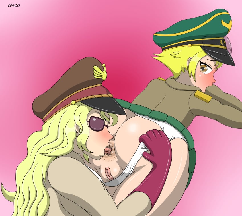 2girls anilingus anus ass blonde_hair blush brown_eyes cf900 domino_(one_piece) erwin female female_only girls_und_panzer hat licking looking_back multiple_girls one_piece oral panties panties_aside panty_pull purple-tinted_eyewear rimming saliva skirt sunglasses tinted_eyewear tongue tongue_out white_panties yuri