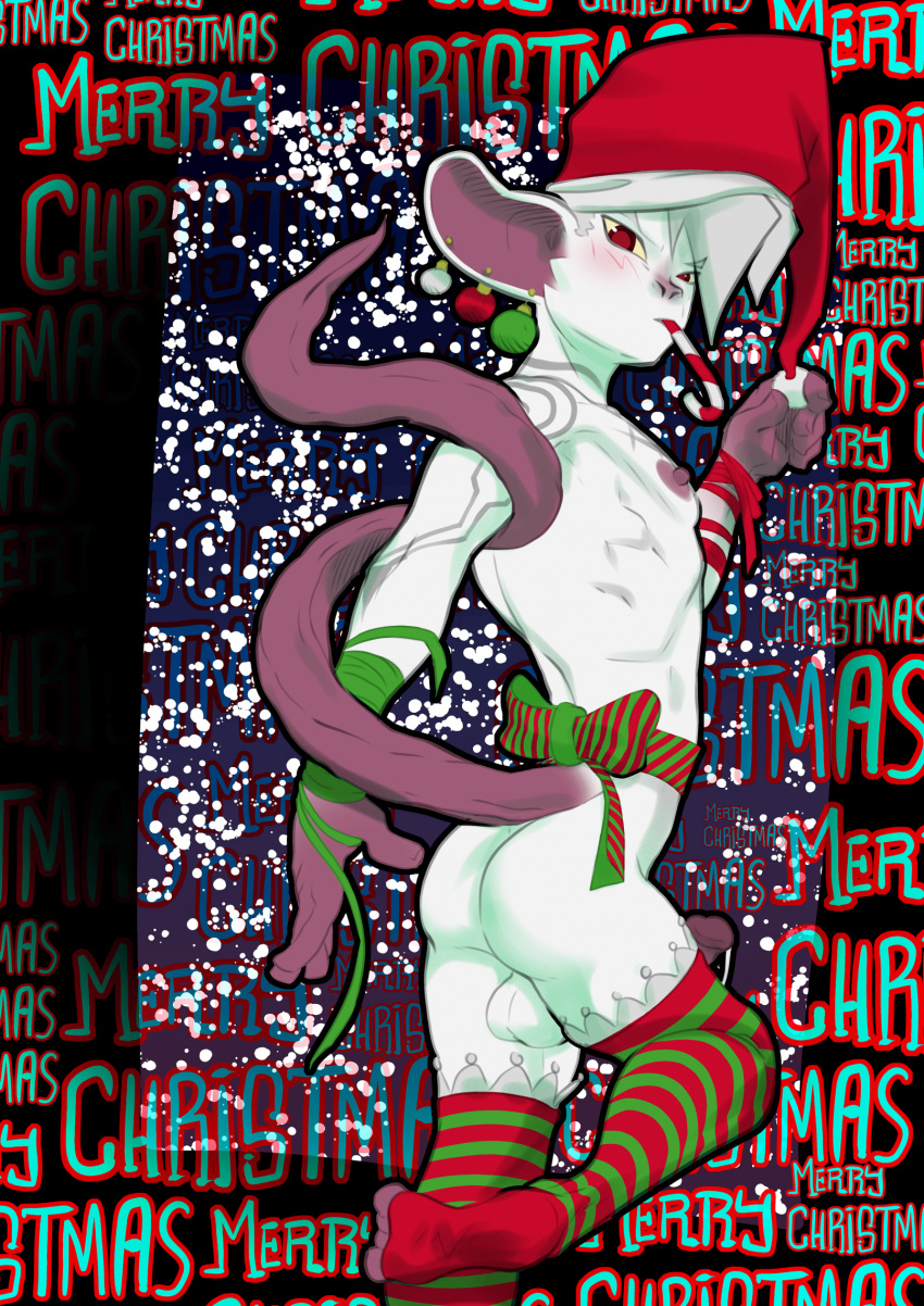 albino alternative_fashion anthro ass balls blush blush_stickers bow_ribbon candy candy_cane christmas christmas_clothing christmas_headwear christmas_lingerie clothing dessert ear_piercing english_text erection food fur genitals hair half-closed_eyes hat headgear headwear hi_res holidays humanoid_genitalia humanoid_penis larsen_(vonboche) legwear lingerie male mammal murid murine narrowed_eyes pattern_clothing pattern_legwear pattern_stockings penis perineum piercing pink_body pink_skin punk rat rodent santa_hat solo stockings striped_clothing striped_legwear striped_stockings stripes text vonboche white_body white_fur white_hair yellow_sclera