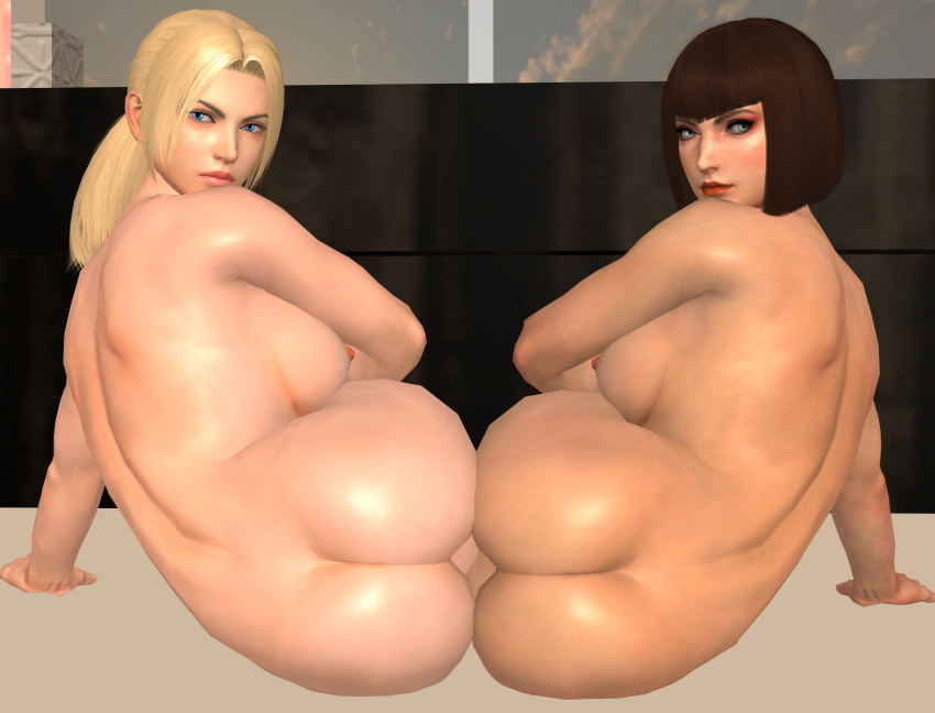 2girls 3d 3d_(artwork) anna_williams ass ass_docking ass_to_ass back bandai_namco bed bedroom blonde_hair blue_eyes bob_cut boobs breasts brown_hair brunette_hair european_female fighting_game fringe laying_on_bed laying_on_side looking_at_viewer looking_back looking_back_at_viewer milf naked naked_female namco nina_williams nude nude_female ponytail purrbomb42 showing_ass silf silfs sisters tekken tekken_7 tits white_female