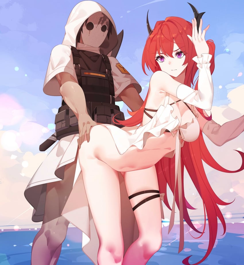 1boy 1girls arknights ass ass_grab beach bent_over cloak demon_horns grabbing grabbing_from_behind hi_res horns humping implied_sex long_hair looking_back mask nano7 nude outdoors purple_eyes red_hair reunion_logo_(arknights) reunion_soldier_(arknights) sleeves straight surtr_(arknights) swimwear thighs underwear variant_set very_long_hair vest white_sleeves