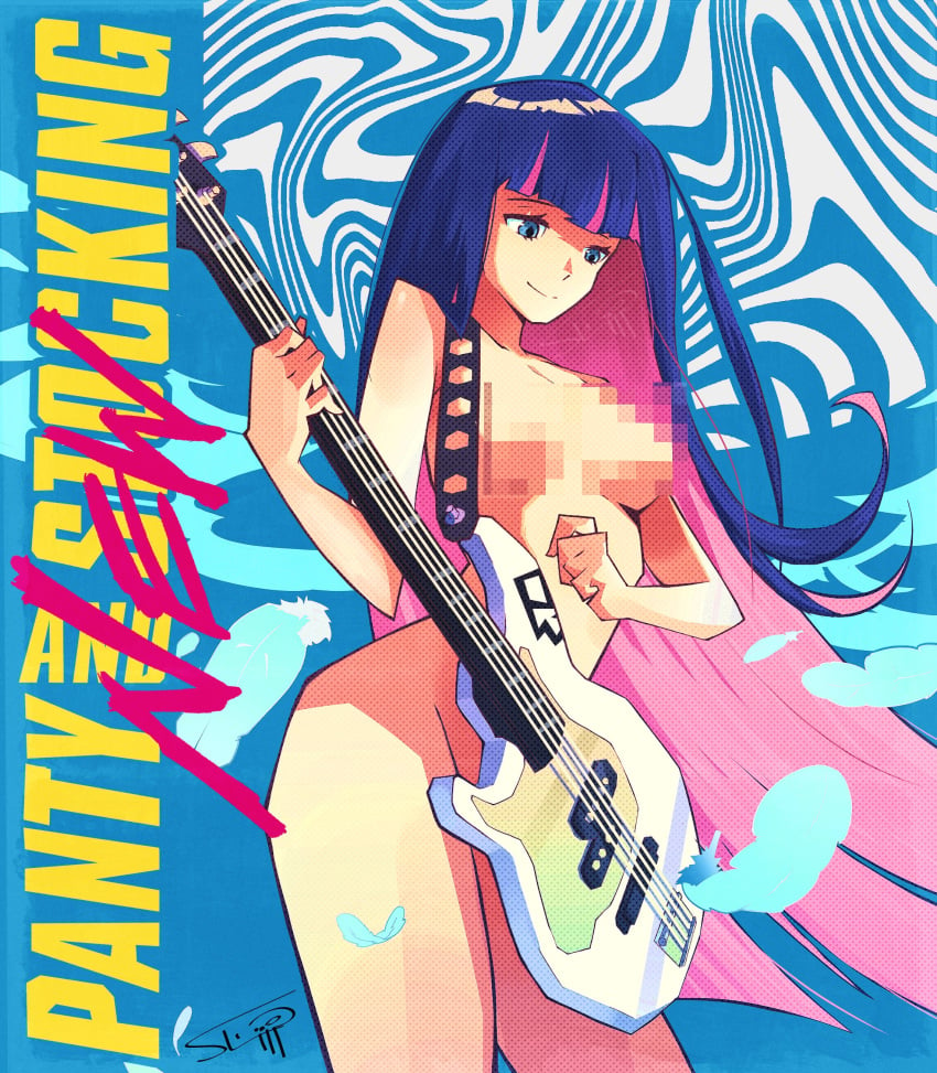 1girls bass_guitar casual censored electric_guitar female guitar human instrument long_hair mosaic_censoring naked nude pale_skin panty_&amp;_stocking_with_garterbelt sl1m_skull smile smiling solo stocking_anarchy