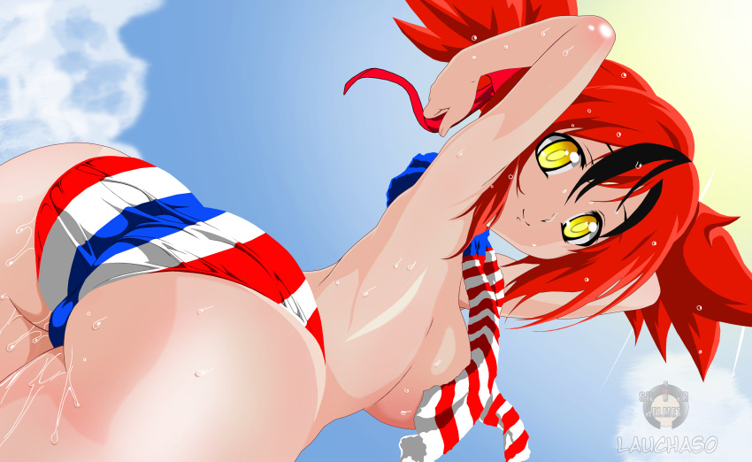 big_breasts bikini huge_ass indie_virtual_youtuber lauchaso puerto_rican red_hair sky virtual_youtuber wet yellow_eyes zajori