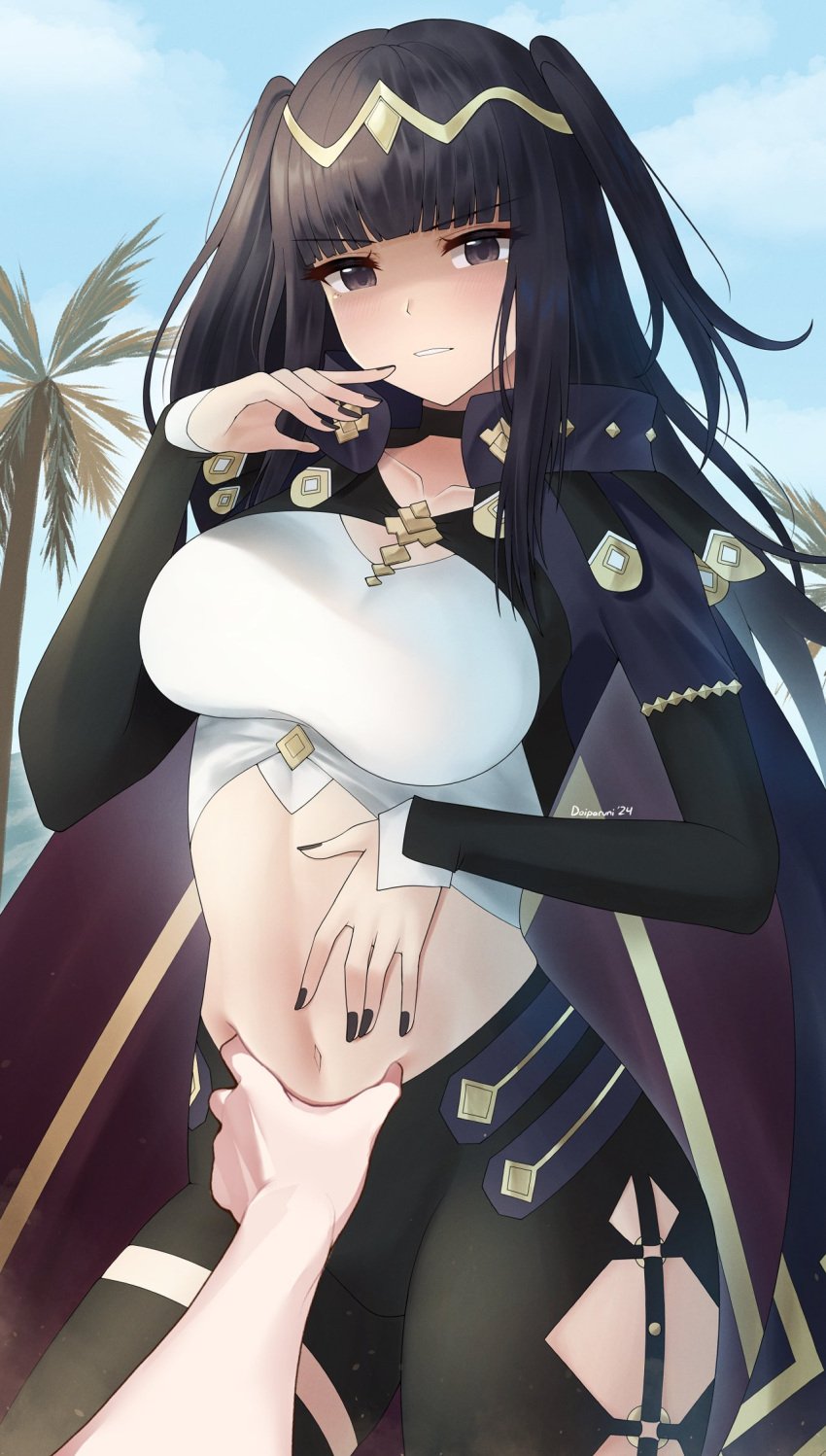 1girls alternate_costume black_cape black_eyes black_hair black_nails black_pants black_thighhighs blue_sky blunt_bangs breasts cape cloud cowboy_shot crop_top day doiparuni female female female_focus fire_emblem fire_emblem_awakening fire_emblem_engage hand_on_another's_stomach hand_up highres large_breasts leggings long_hair long_sleeves looking_at_viewer midriff nail_polish navel nintendo pants pov sage_outfit_(fire_emblem_engage) single_thighhigh sky solo_focus standing stomach tharja_(fire_emblem) thighhighs torso_grab tree two_side_up very_long_hair