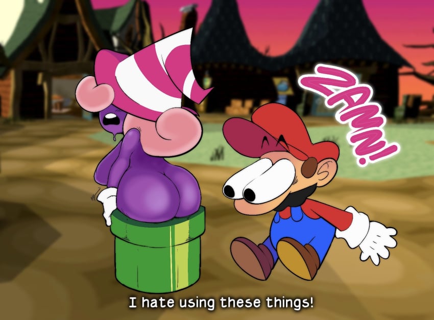 1boy 1girls alternate_ass_size ass ass_awe big_ass female huge_ass looking_at_ass male mario mario_(series) nude nude_female paper_mario paper_mario:_the_thousand-year_door sketchydrawin stuck text uncensored vivian_(paper_mario) warp_pipe zamn!