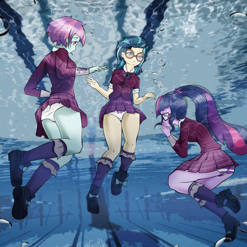 3girls ass breasts clothes equestria_girls female friendship_games friendship_is_magic glasses hasbro high_res indigo_zap kamushek228 kneesocks legs my_little_pony panties plaid_skirt pleated_skirt ponytail ribbon school_uniform sci-twi shoes skirt socks striped_underwear sunny_flare swimming_pool tagme thighs trio trio_female underwater underwear upskirt white_underwear