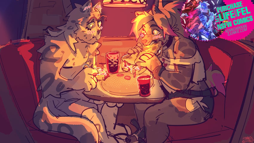 16:9 1boy 1girls advertisement blush boon_digges date digital_media_(artwork) dinner dinner_date duo eyewear felid female food hi_res hyena kenno_(kennoarkkan) kenno_arkkan male mammal mostly_nude pantherine pizza pizza_slice snow_leopard widescreen