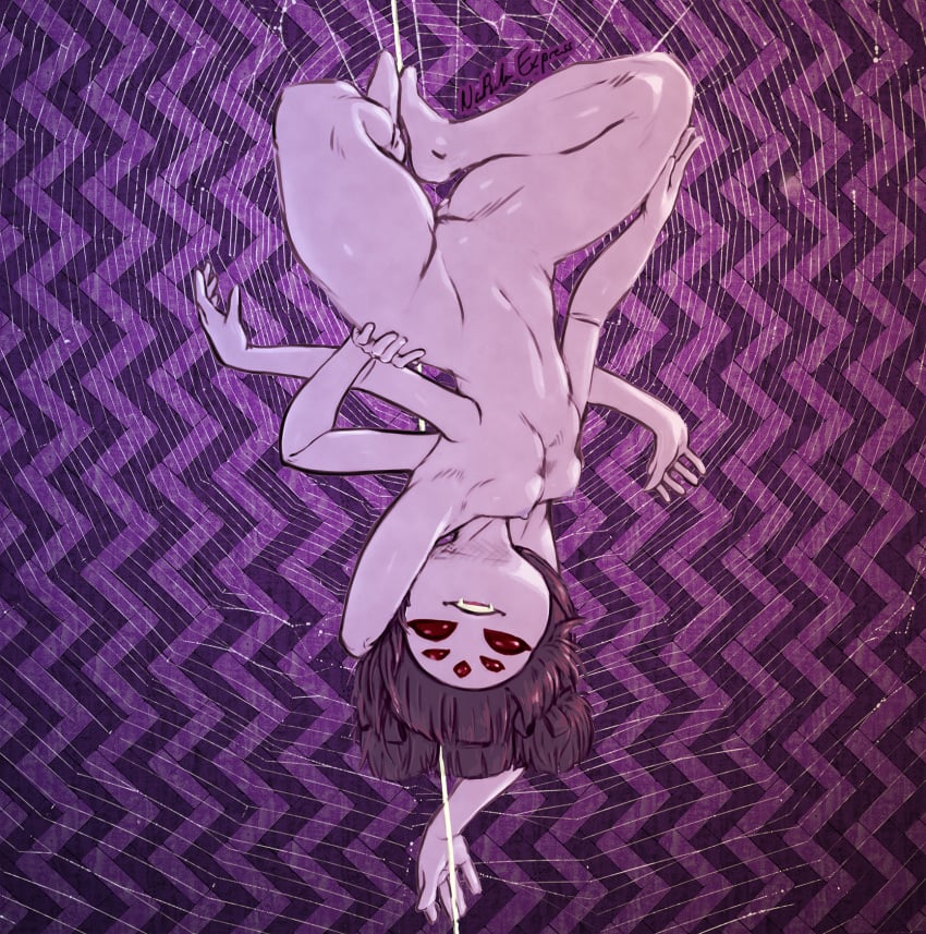 1girls 6_arms artist_name artist_signature breasts completely_nude completely_nude_female fangs female female_only full_body hand_on_hip highres insect_girl monster_girl muffet multi_arm multi_eye multi_limb naked naked_female napalm_express nipples nude nude_female purple_skin pussy short_hair silk solo solo_female spider_girl spider_web undertale upside-down web